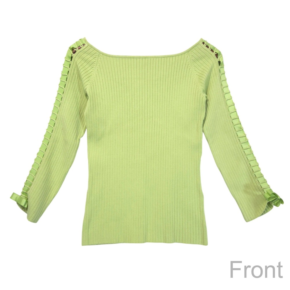 L.A.C.E. Silk Blend Ribbed Sweater S Ribbon Bow Lattice 3/4 Sleeve Green Y2K